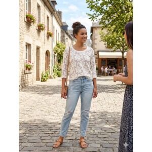 Marc Aurel Cream Bohemian Chic Floral Lace Knit Sweater Italy 3/4 Sleeve Size 36